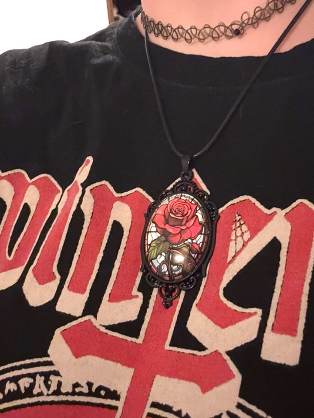 Stained Glass Rose Cameo Necklace